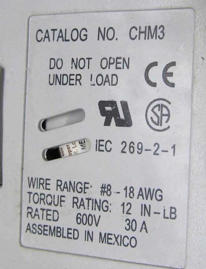 Used LOT OF 3 BUSSMANN FUSE HOLDER CHM3 600V 30A 3-POLE **WARRANTY**