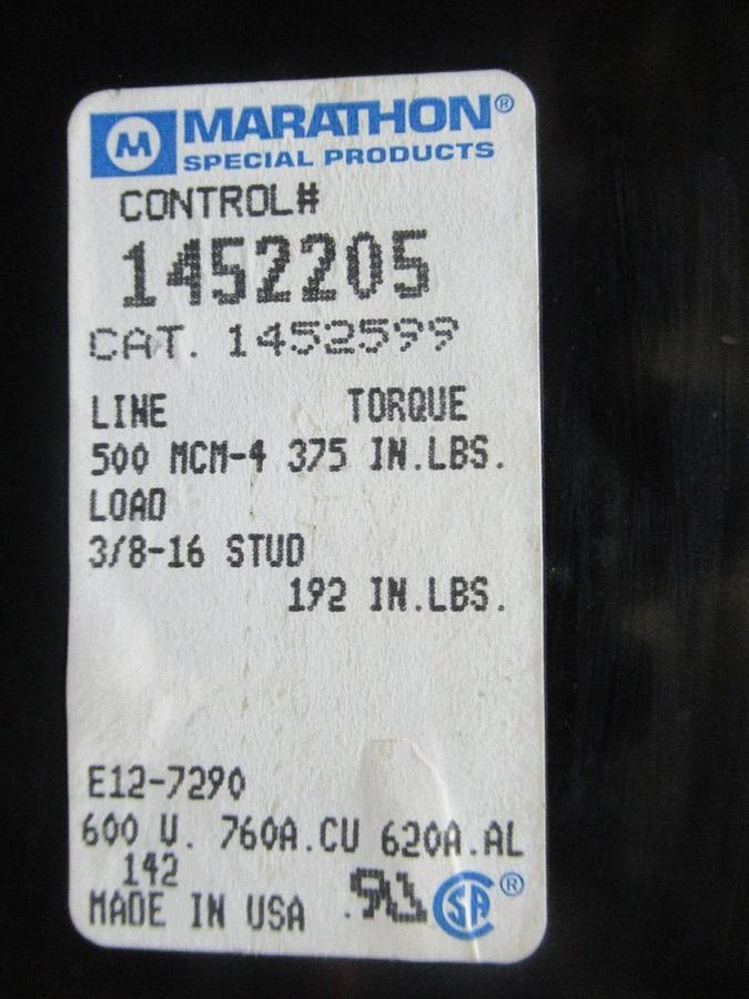 Used MARATHON TWO POLE POWER DISTRIBUTION BLOCK 1452205 1452599 600 VOLT 760 AMP