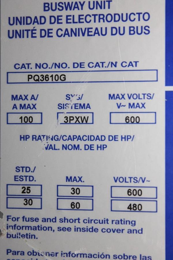 SQUARE D I-LINE BUSSWAY SWITCH UNIT PQ3610G 100 AMP 600 VAC *NEW SURPLUS*