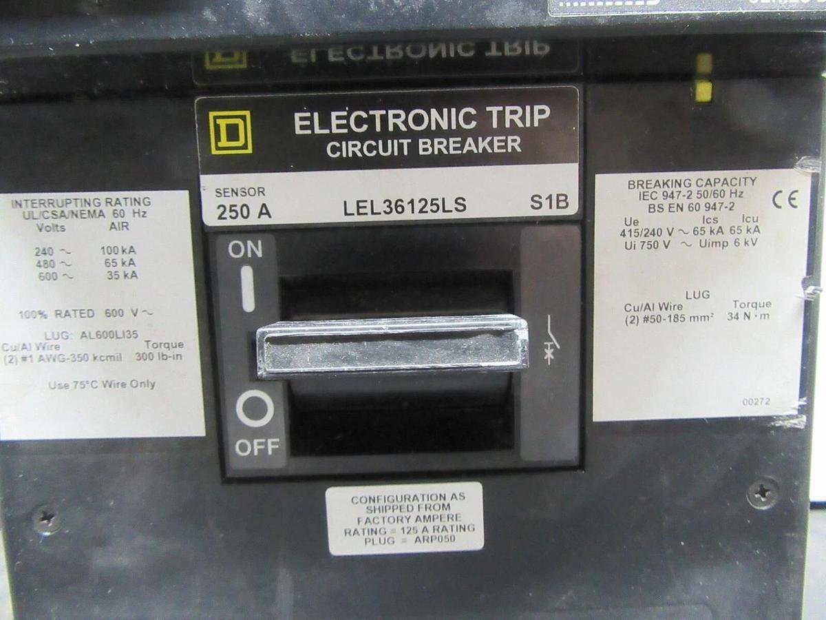 Used SQUARE D CIRCUIT BREAKER LEL36125LS W/ ARP050 250A SENSOR 600 VAC MICROLOGIC LSI