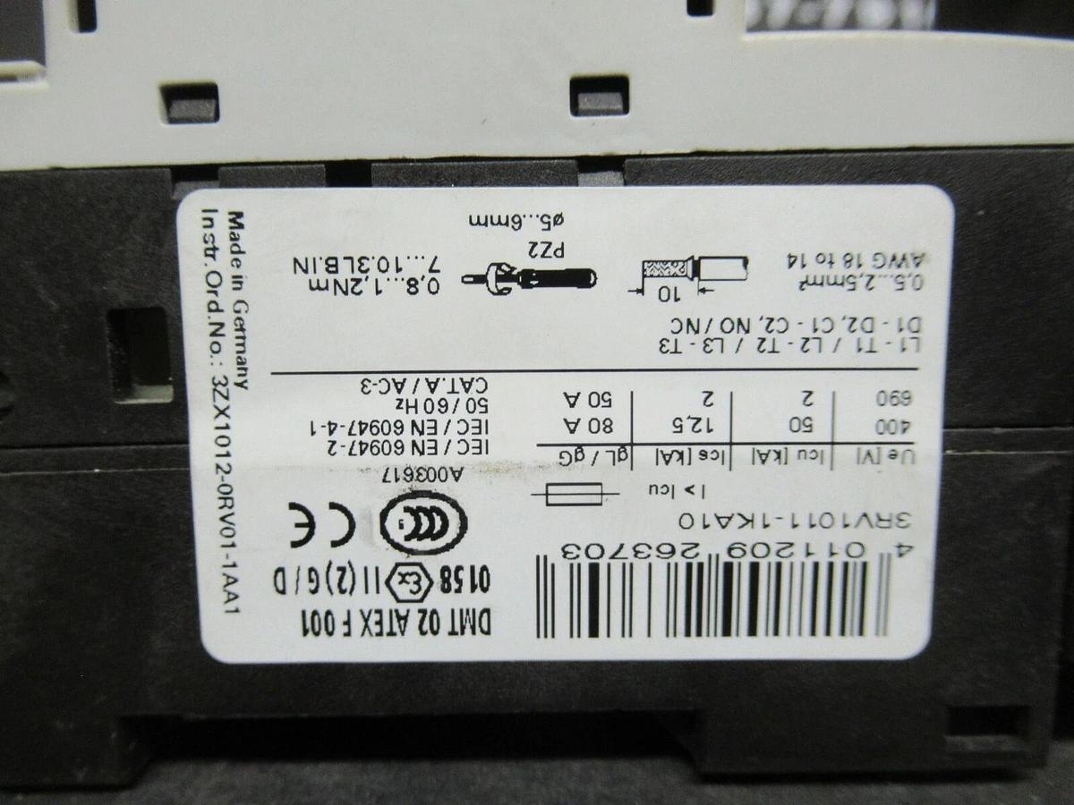 Used SIEMENS MANUAL MOTOR START 3RV1021-1KA10 600 VAC 12 AMP 10 HP