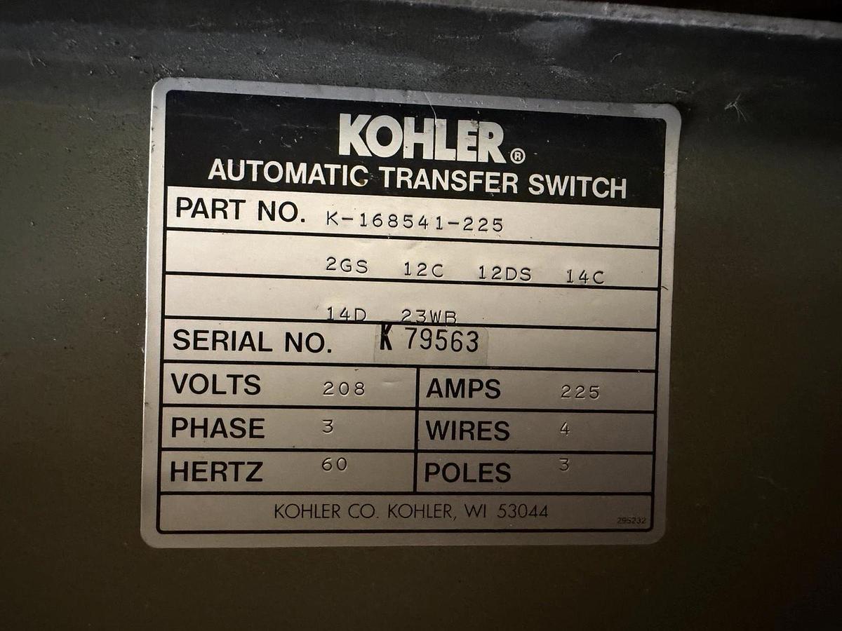 Used KOHLER AUTOMATIC TRANSFER SWITCH K-168541-225 225 AMP 208 VOLT 3-PHASE 3-WIRE