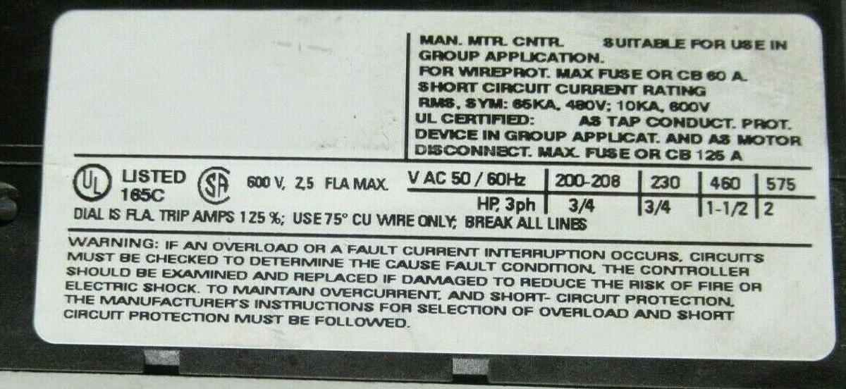 Used SIEMENS MANUAL MOTOR SPORT 3RV1011-1CA10 600 VAC 2 HP 1.8-2.5 AMP **WARRANTY**