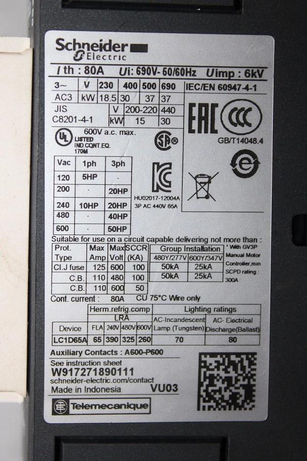 Used SCHNEIDER CONTACTOR LC1D65A X13060686010 80 AMP 600V 3-PHASE COIL: 120V