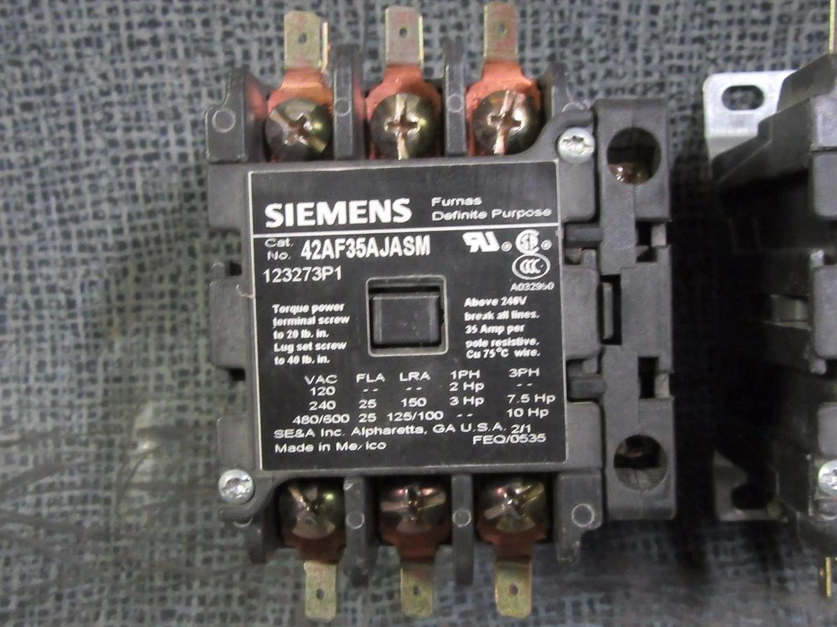 Used (1) SIEMENS CONTACTOR W/ AUX 42AF35AJASM 25 AMP 600V 3 PHASE 10 HP 24V COIL