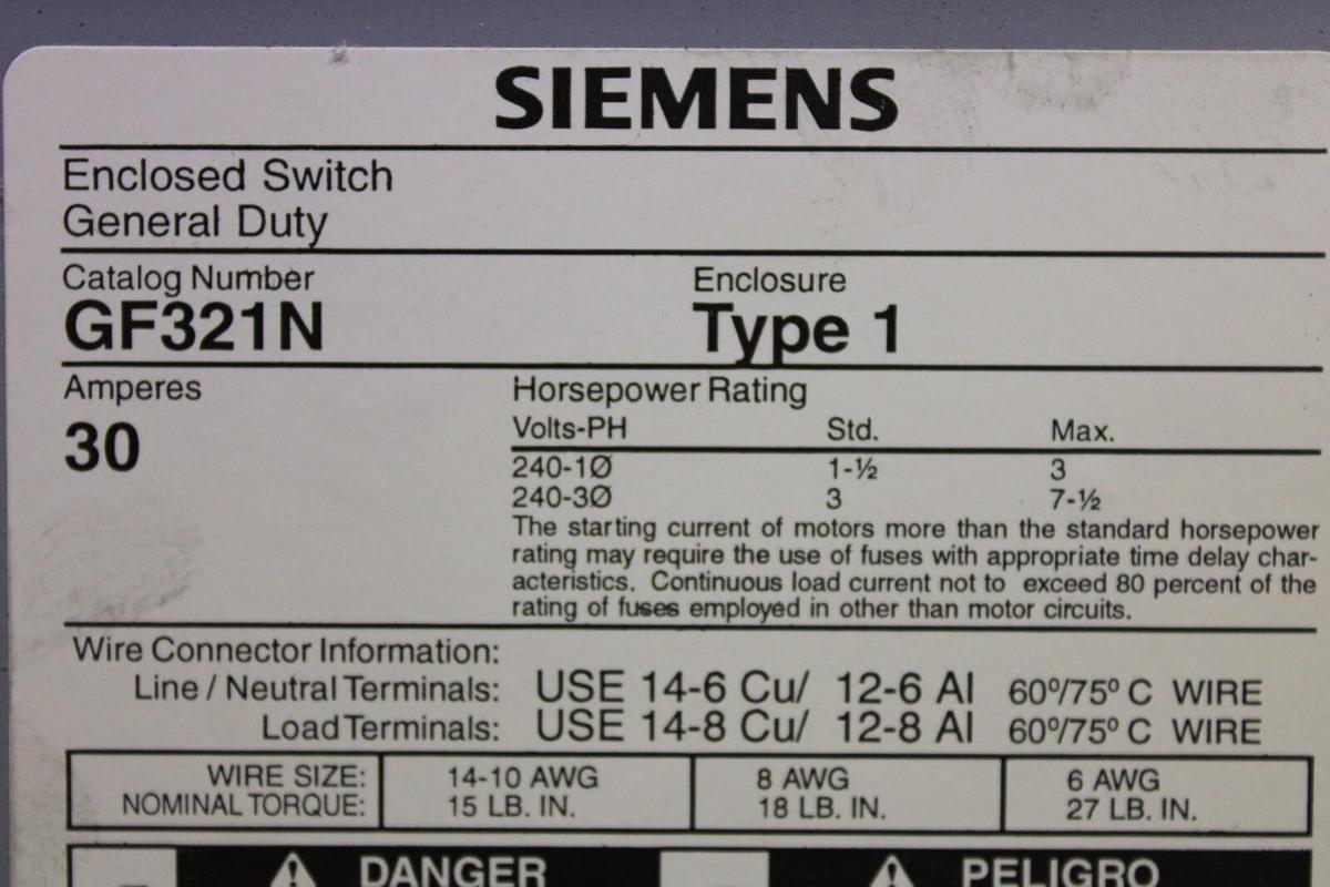 Used SIEMENS HEAVY DUTY ENCLOSED SWITCH GF321N 30 AMP 240 VAC TYPE 1 **WARRANTY**