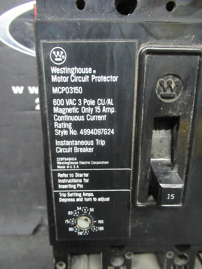 Used WESTINGHOUSE MOTOR CIRCUIT PROTECTOR MCP03150 15 AMP 600 VAC 3-POLE