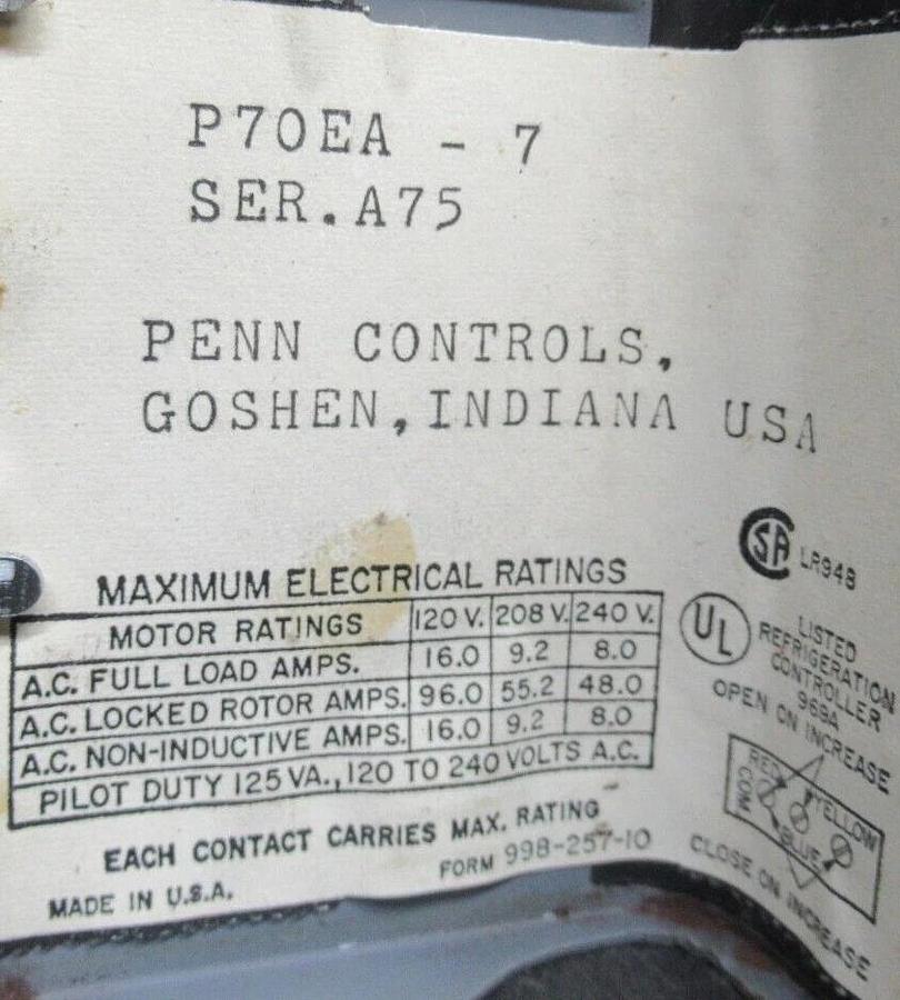Used JOHNSON CONTROLS PRESSURE CONTROL P70EA-7 240 VAC 16 AMP **WARRANTY**