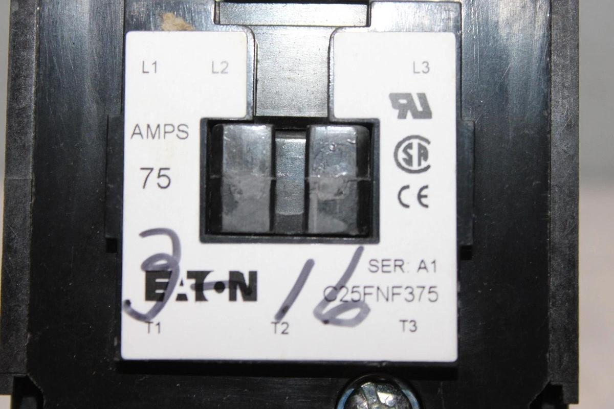 Used EATON DEFINITE PURPOSE CONTACTOR C25FNF375 75 AMP 600 VOLT 50 HP 3-POLE 3-PHASE