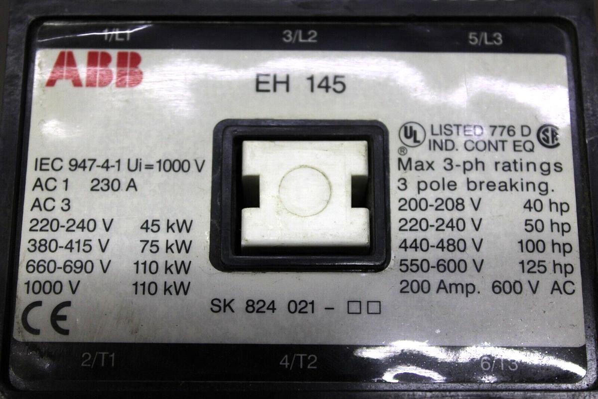 Used ABB CONTACTOR EH-145 600 VAC 3-POLE 200 AMP 125 HP COIL: 24VDC