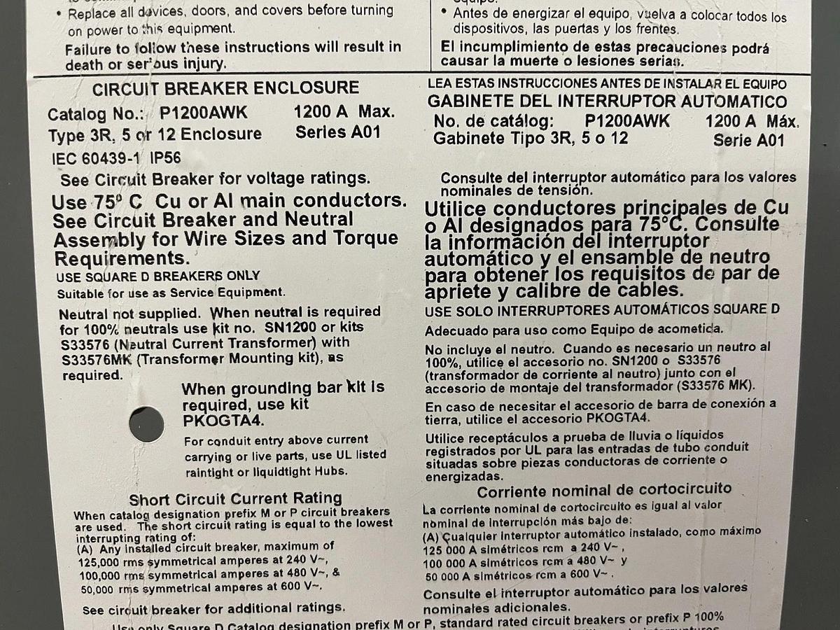 Used SQUARE D CIRCUIT BREAKER ENCLOSURE P1200AWK NEMA 3R, 5, 12 1200 AMP
