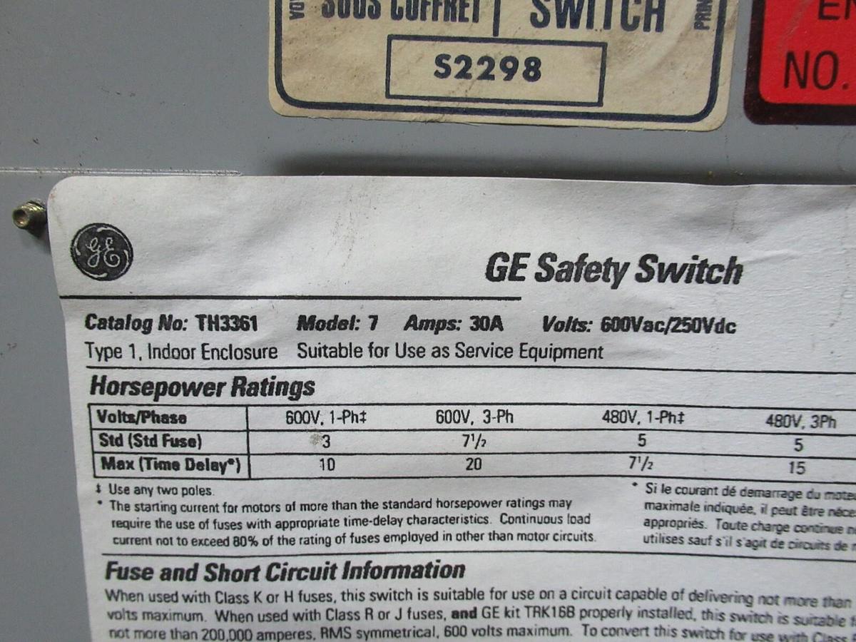 Used GE TYPE 1 ENCLOSED SAFETY SWITCH TH3361 MODEL: 7 30 AMP 600 VAC 20 HP *WARRANTY*