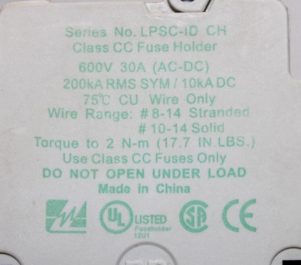 Used LITTELFUSE POWER-SAFE FUSE HOLDER LPSC-ID-CH 3-POLE 600 VOLT 30 AMP CLASS CC