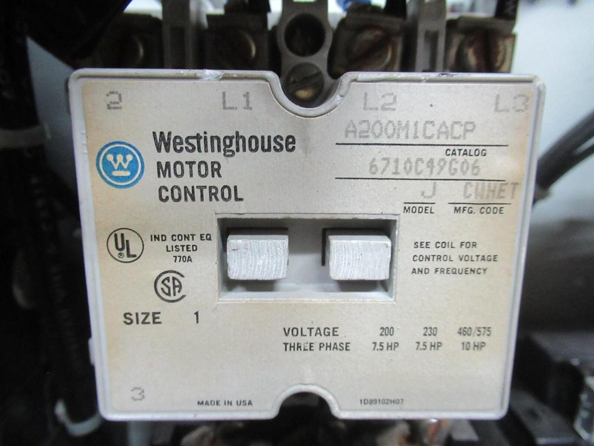 Used CUTLER HAMMER MOTOR STARTER CONTROL BUCKET 2100 12" NEMA SIZE 1 A200M1CACP 7 AMP