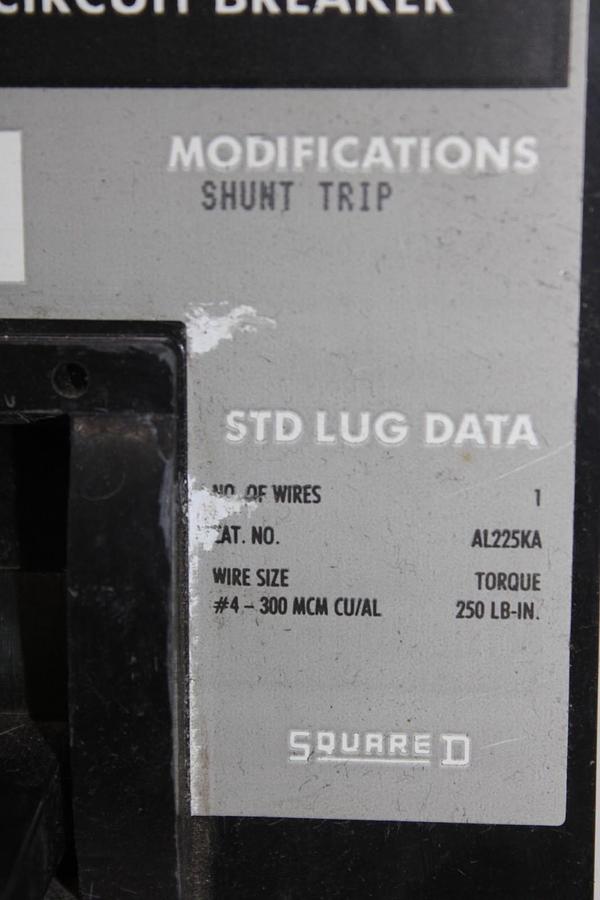 Used SQUARE D CIRCUIT BREAKER KAL362001021 200 AMP 600 VAC 3-POLE W/ SHUNT TRIP