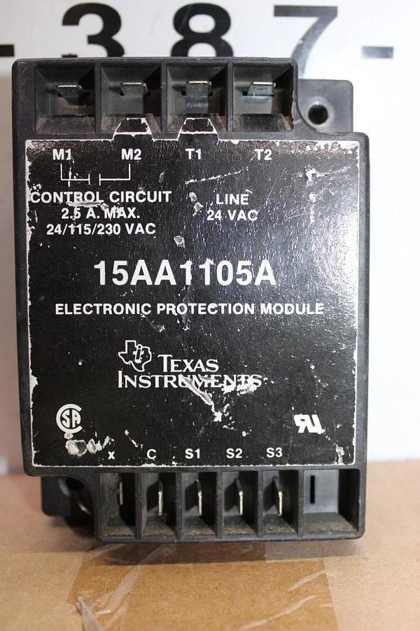 Used TEXAS INSTRUMENTS ELECTRONIC PROTECTION MODULE 15AA1105A 2.5 AMP 24 VAC