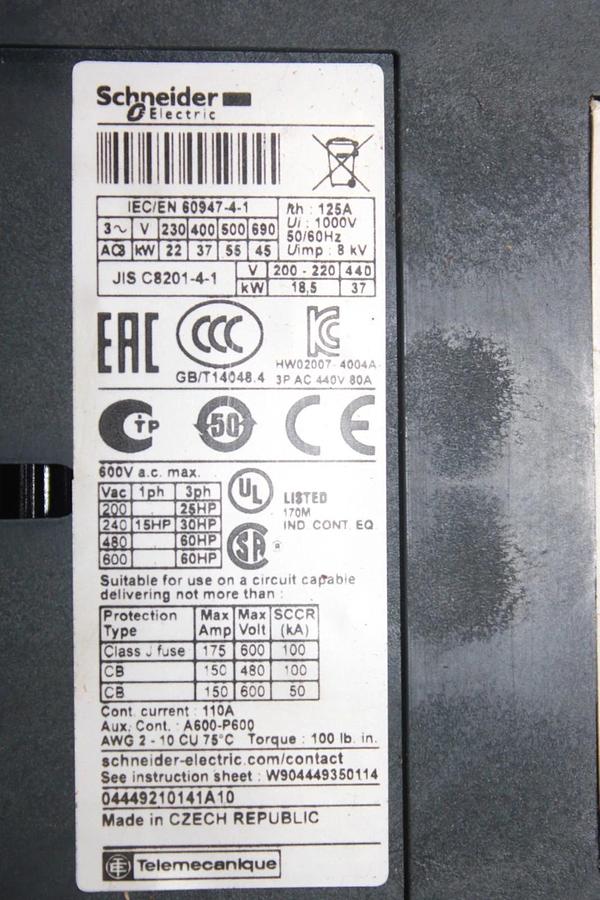 Used SCHNEIDER CONTACTOR LC1D80 110 AMP 600 VAC 60 HP 3-PHASE 3-POLE COIL: 110 VOLT