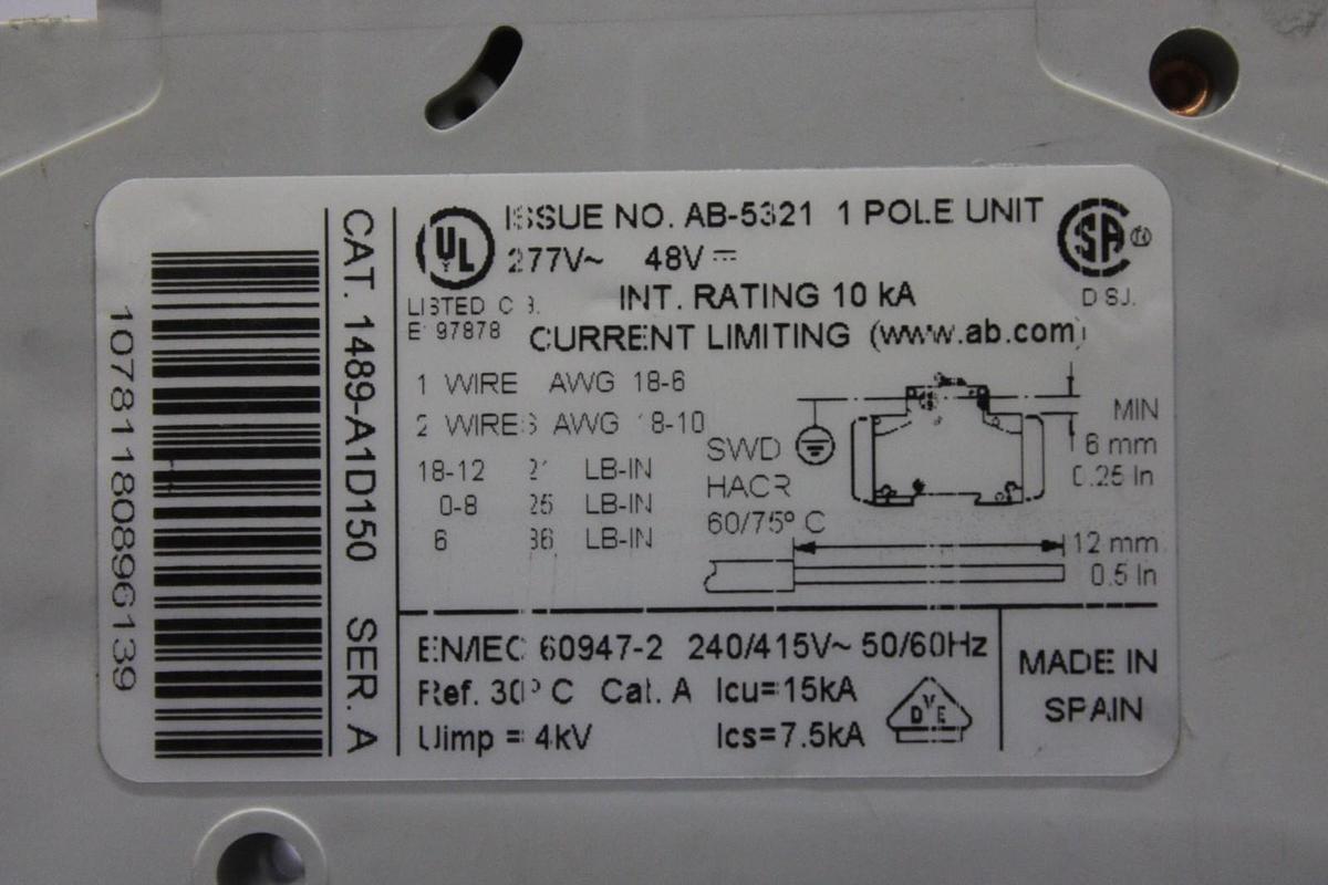 Used ALLEN-BRADLEY SINGLE POLE CIRCUIT BREAKER 1489-A1D150 15 AMP 240/277 VAC