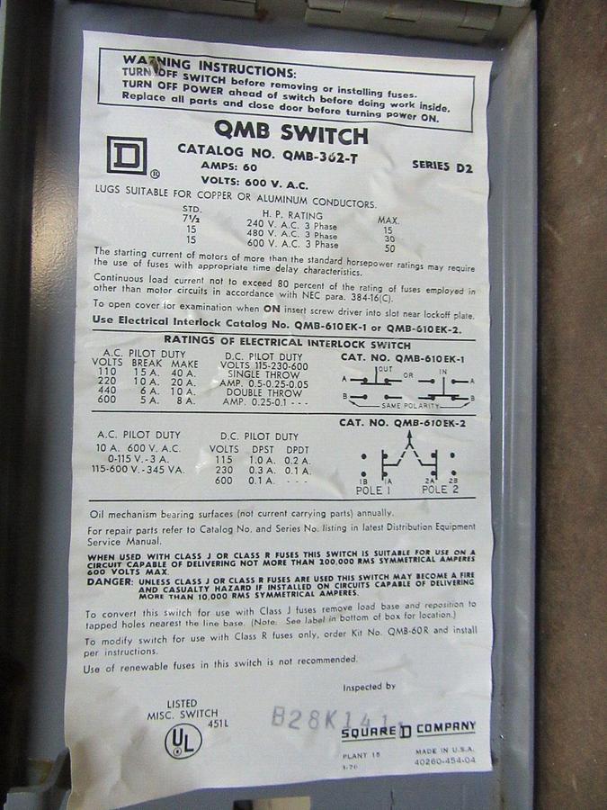 Used SQUARE D QMB SAFETY DISCONNECT SWITCH QMB362T 60 AMP 600 VAC 3-POLE 50 HP