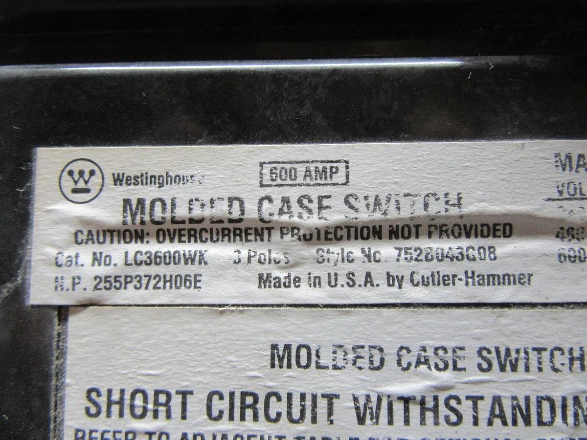 Used WESTINGHOUSE 3-POLE MOLDED CASE SWITCH LC3600WK 600 AMP TRIP 600 VAC
