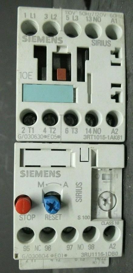 Used SIEMENS STARTER 3RU1116-1DB80 / 3RT1015-1AK81 600 VAC 16 AMP 5 HP