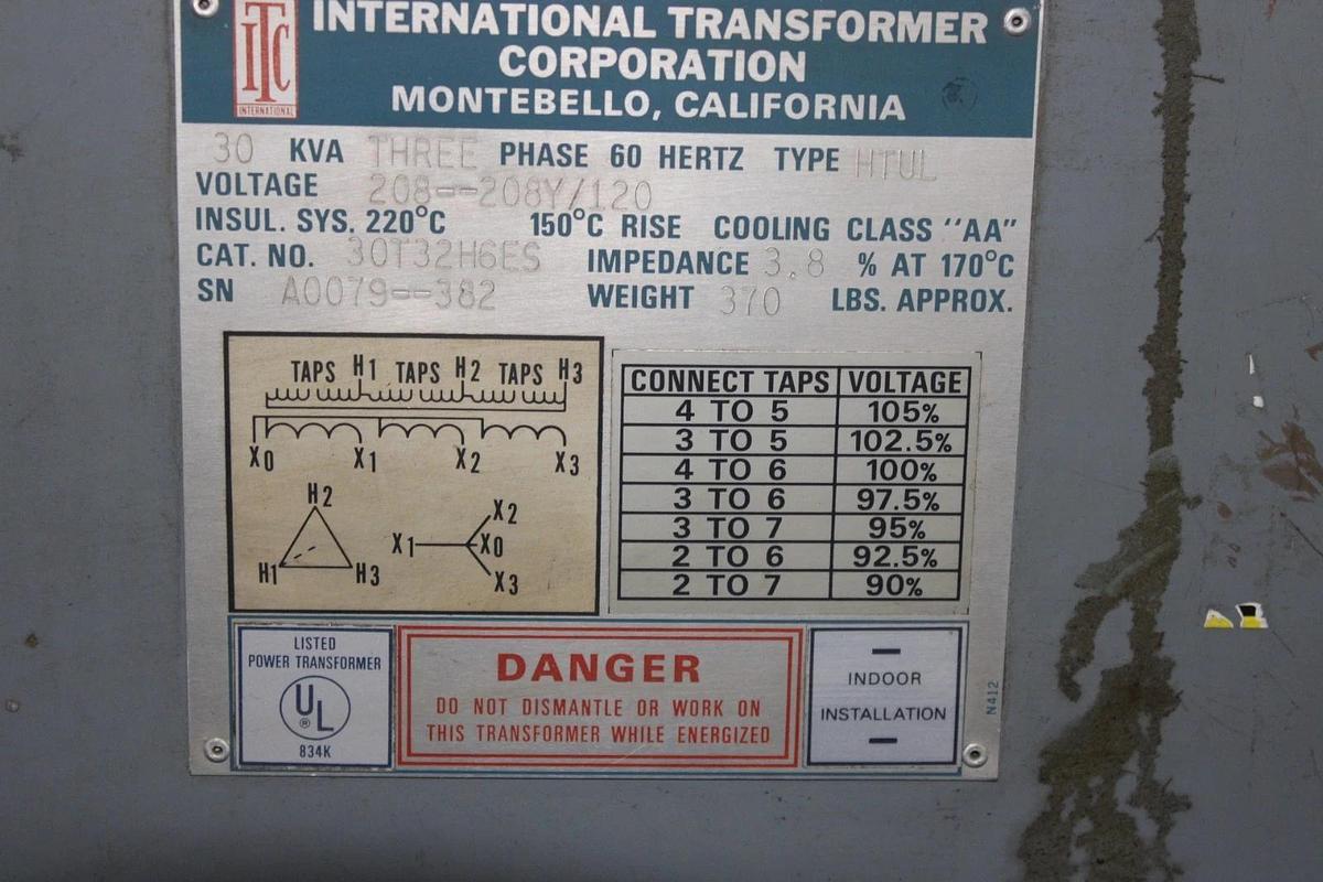 Used 30 kVA ITC TRANSFORMER 30T32H6ES HIGH: 208V LOW: 208/120V 3-PHASE 60 HZ HTUL