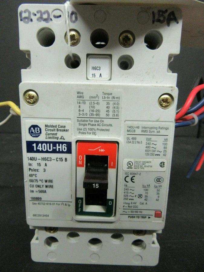 Used 15 AMP ALLEN BRADLEY BREAKER 140U-H6C3-C15 3 POLE 480 VAC W/ SHUNT TRIP AND AUX.