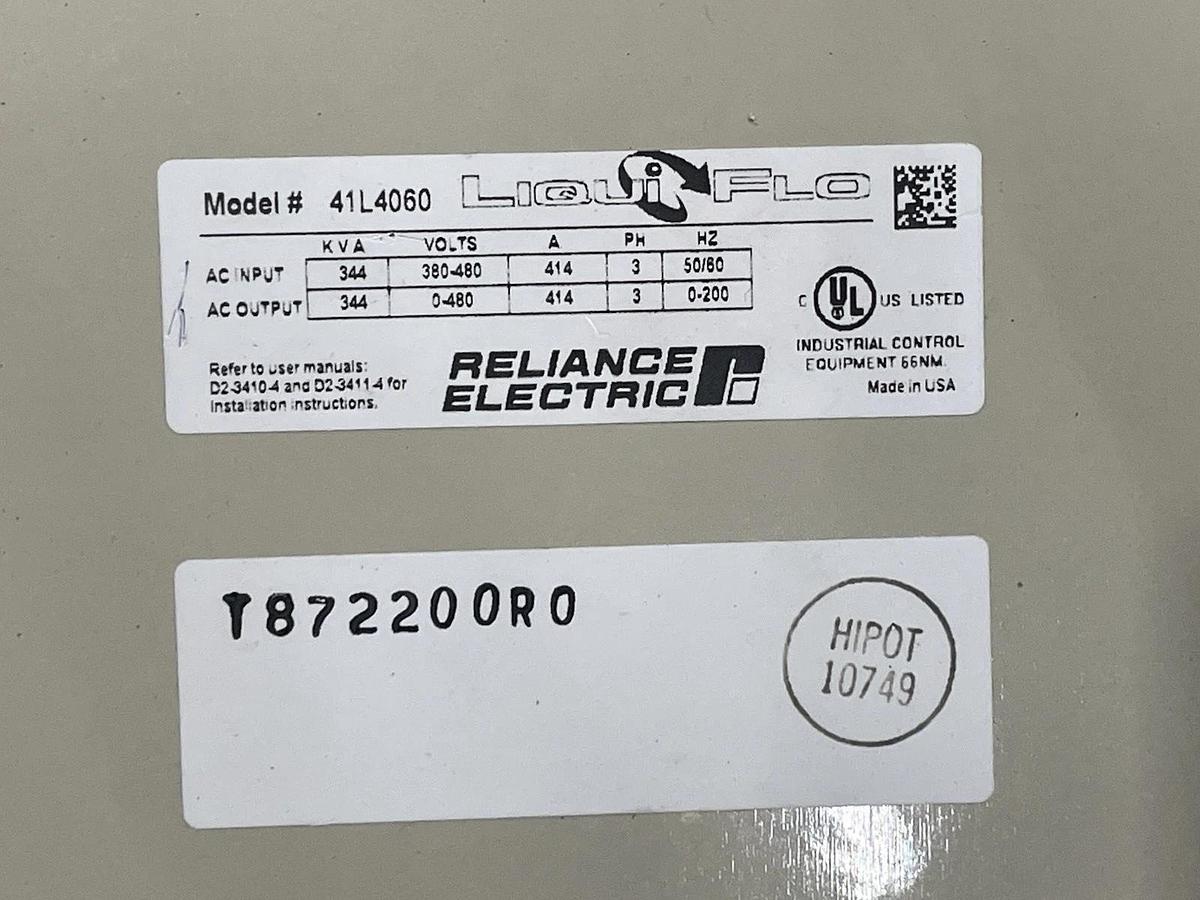 Used RELIANCE ELECTRIC LIQUIFLO VFS 41L4060 344 kVA 480 VOLT 414 AMP 3-PHASE