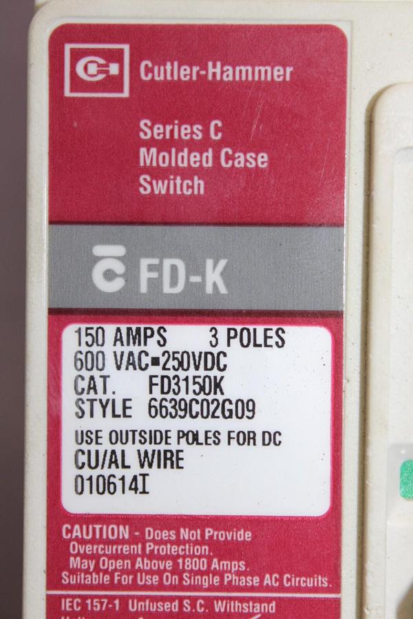 Used CUTLER HAMMER MOLDED CASE SWITCH FD3150K 150 AMP 600 VAC 3-POLE FD-K FRAME