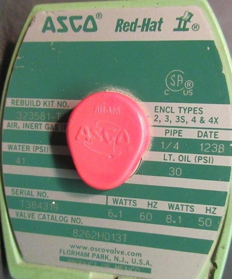 Used ASCO RED HAT SOLENOID VALVE 8262H013T 323581-T WATER: 41 PSI OIL: 30 PSI