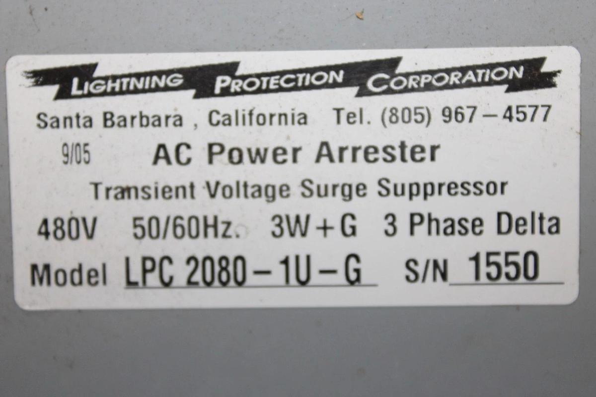 Used LIGHTNING PROTECTION CORP TRANSIENT VOLTAGE SURGE SUPPRESSOR LPC2080-1U-G 480V