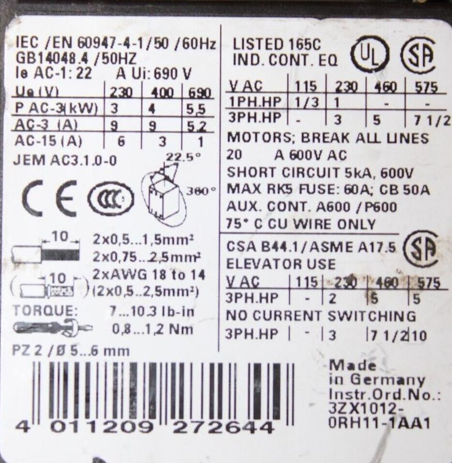 Used SIEMENS CONTACTOR 3RT1016-1AB01 600 VAC 20 AMP 7.5 HP 3-PHASE **WARRANTY**