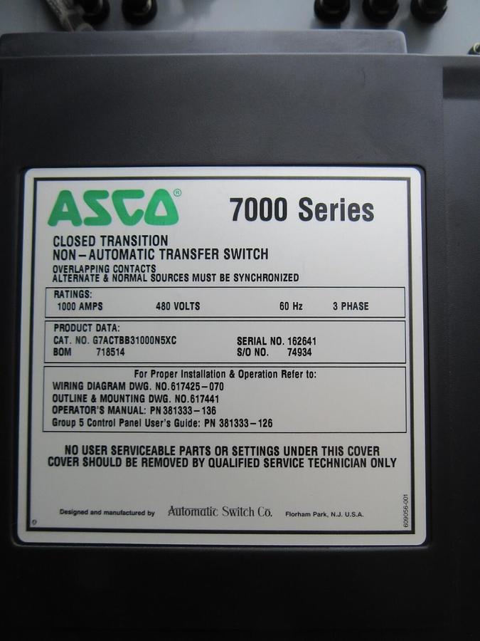 Used 1000 AMP ASCO AUTOMATIC TRANSFER SWITCH 7000 SERIES 480 V ATS BYPASS ISOLTION