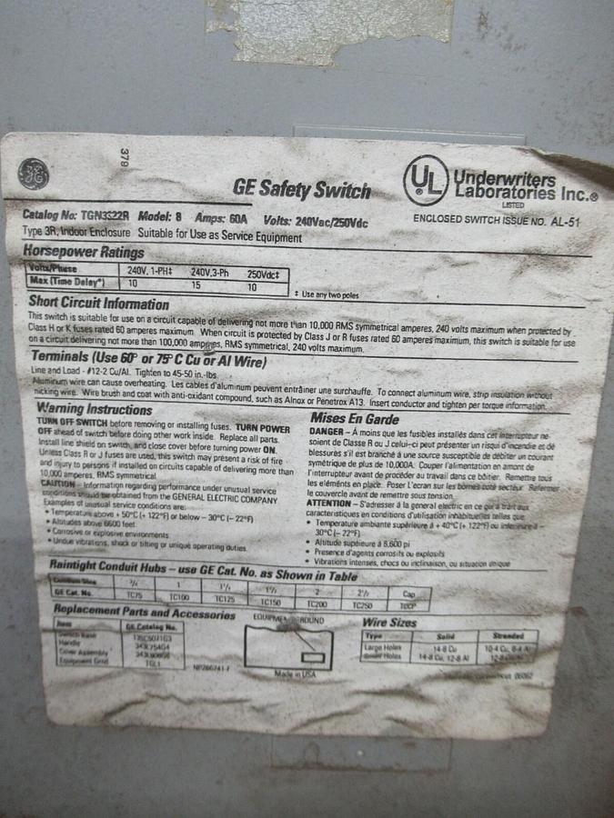 Used GE ENCLOSED INDOOR SAFETY SWITCH TGN3322R MODEL: 8 60 AMP 240 VAC 3R ENCLOSURE