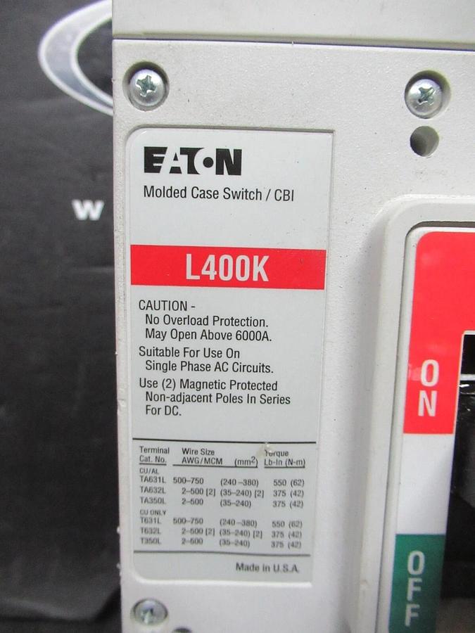 Used EATON MOLDED CASE SWITCH LGK3400KSG 400 AMP 600 VAC 3-POLE STYLE: L400K