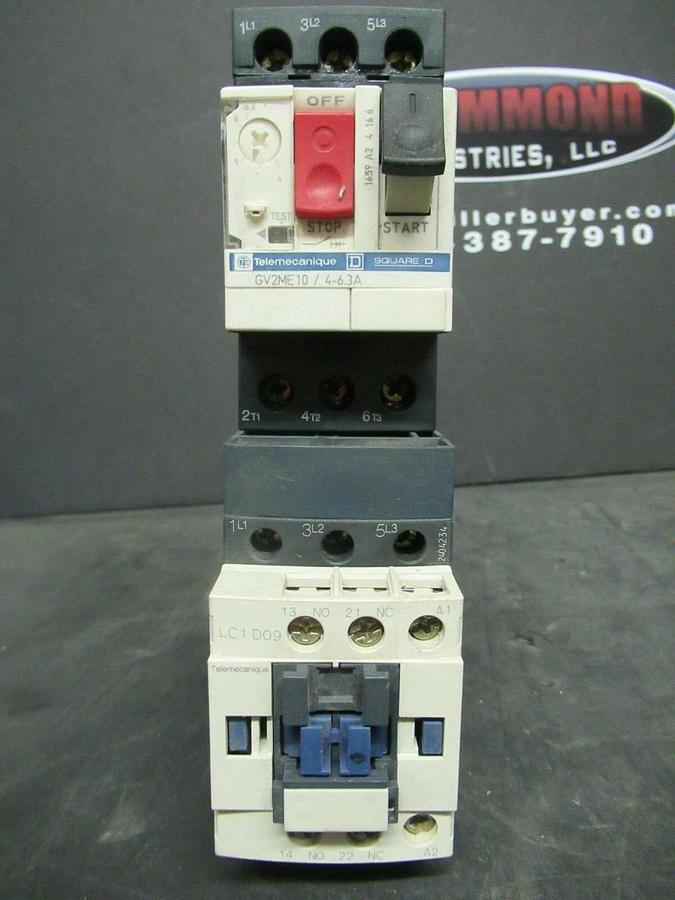 Used TELEMECANIQUE CONTACTOR LC1D09 600 VAC 25 AMP W/ GV2ME10 MANUAL MOTOR START