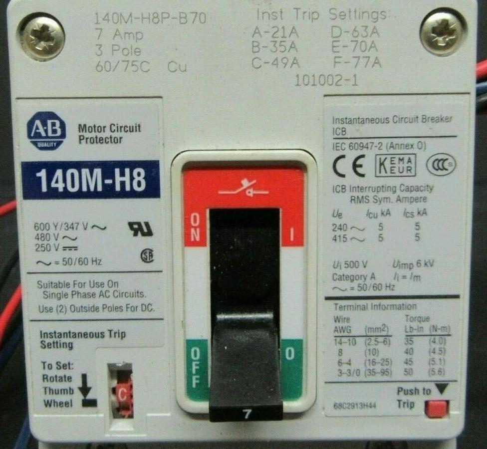 Used 7 AMP ALLEN BRADLEY BREAKER 140M-H8P-B70 3 POLE 480 VAC **WARRANTY INCLUDED**