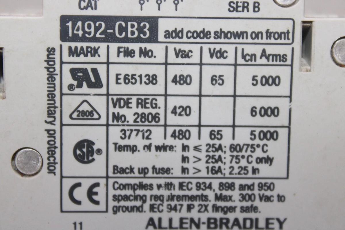 Used ALLEN BRADLEY CIRCUIT BREAKER 1492-CB3 480/277 VAC 20 AMP 3-POLE