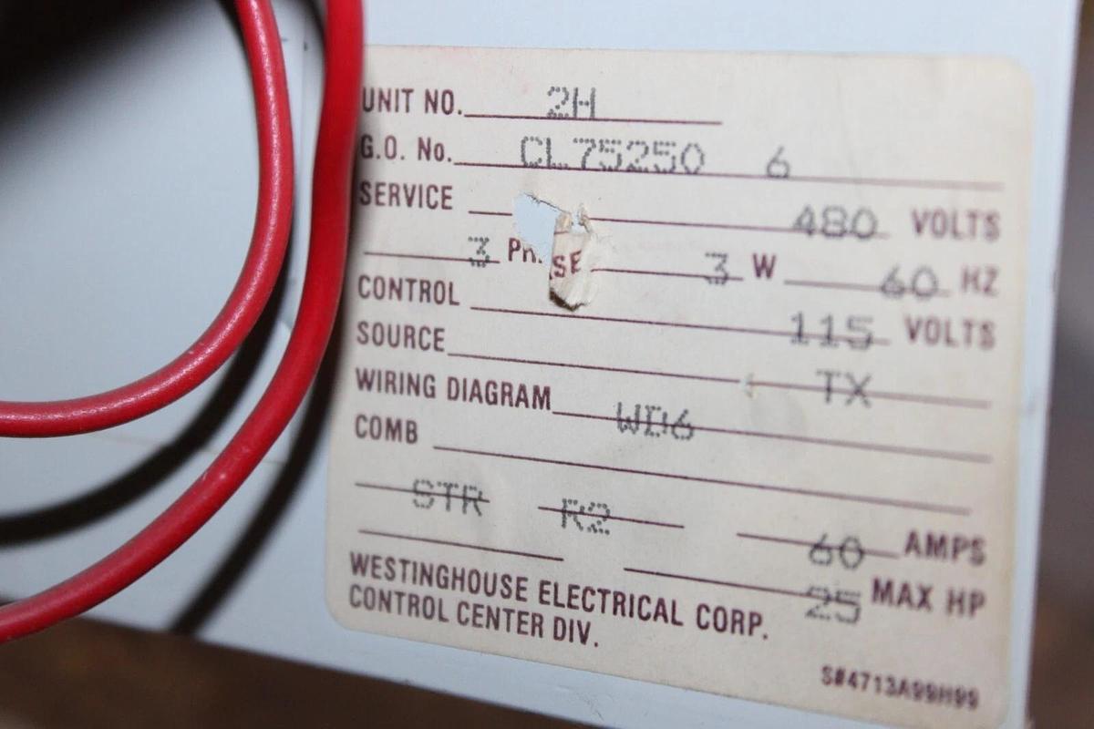 Used WESTINGHOUSE MCC MOTOR CONTROL BUCKET FREEDOM 2100 12" SIZE 2 CL75250