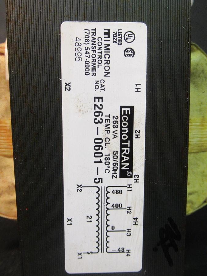 Used 0.263 KVA (263 VA) MICRON CONTROL TRANSFORMER 480/400/48 V TO 21 VAC E263-0601-5