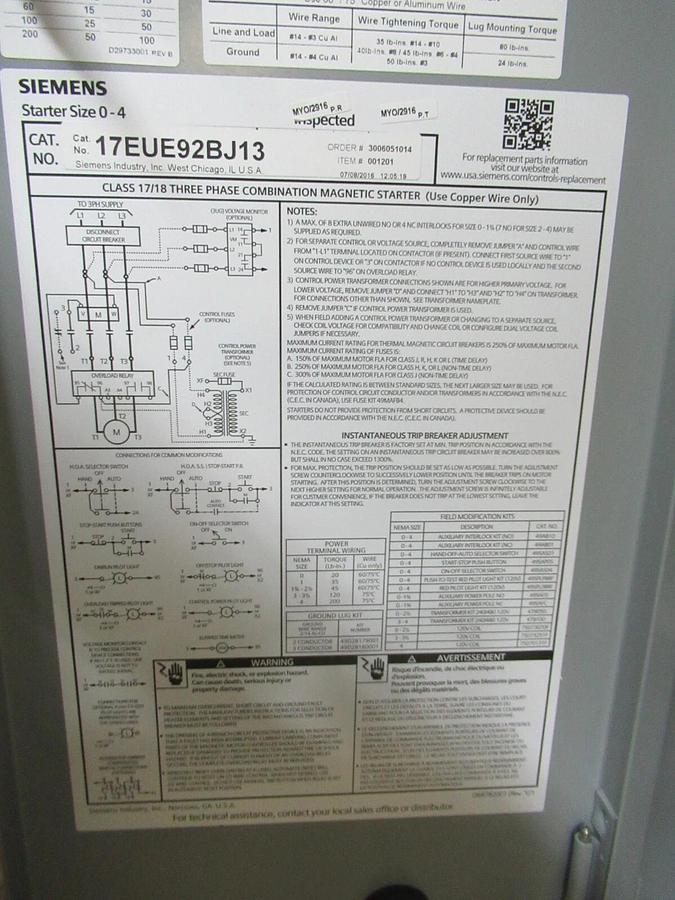 NEW SURPLUS SIEMENS COMBINATION STARTER 17EUE92BJ13 SIZE: 1 3/4 40 AMP 15 HP