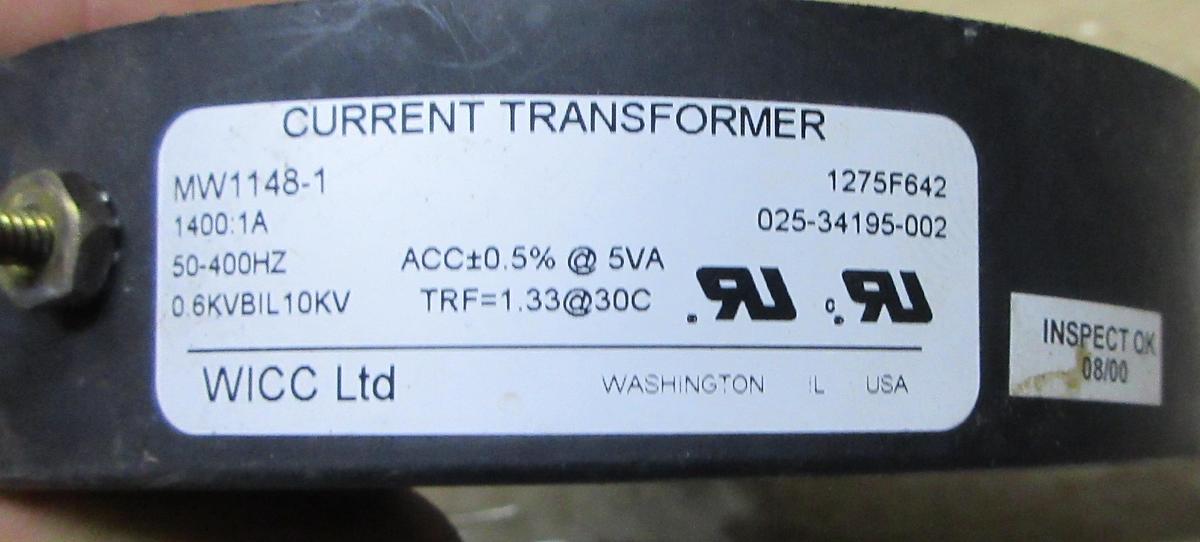 Used WICC LTD CURRENT TRANSFORMER MW1147-1 1275F641 025-34195-001 700:1 AMP 50-400 HZ
