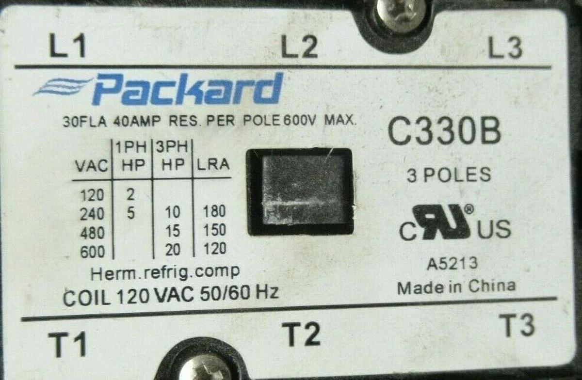 Used PACKARD CONTACTOR C330B 30 AMP 40 AMP/RES 600 VAC 20 HP 3-POLE COIL: 120 VAC