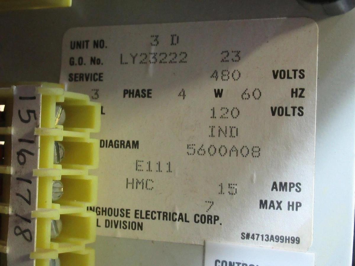 Used CUTLER HAMMER MOTOR CONTROL BUCKET 12" NEMA SIZE 1 STARTER 600 V 15 AMP BREAKER