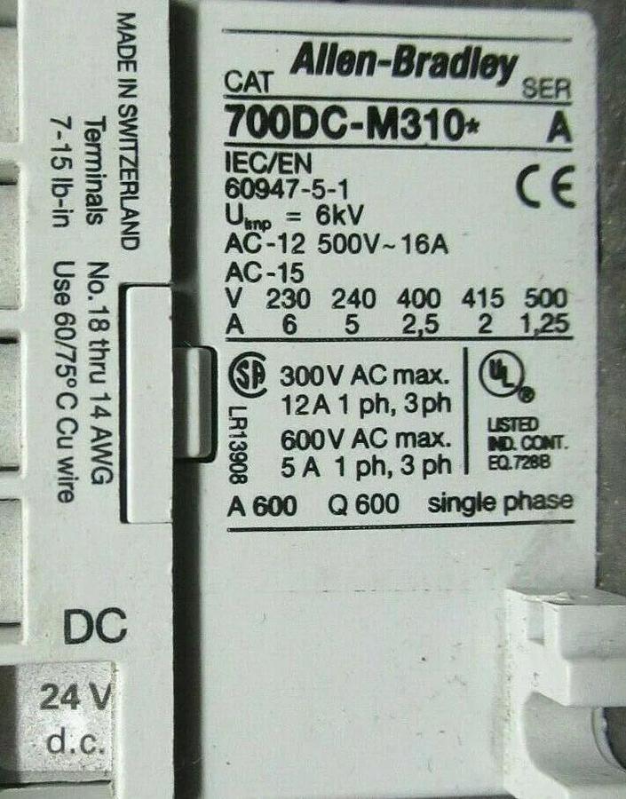 Used ALLEN BRADLEY CONTACTOR 700DC-M310* SER. A 600 VAC 5 AMP 20 HP 24 VDC COIL