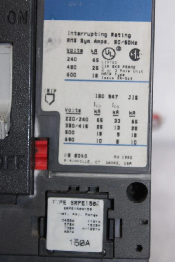 Used GE SPECTRA CIRCUIT BREAKER SEHA36AT0150 150 AMP 600 VAC 3-POLE W/ AUX. SWITCH
