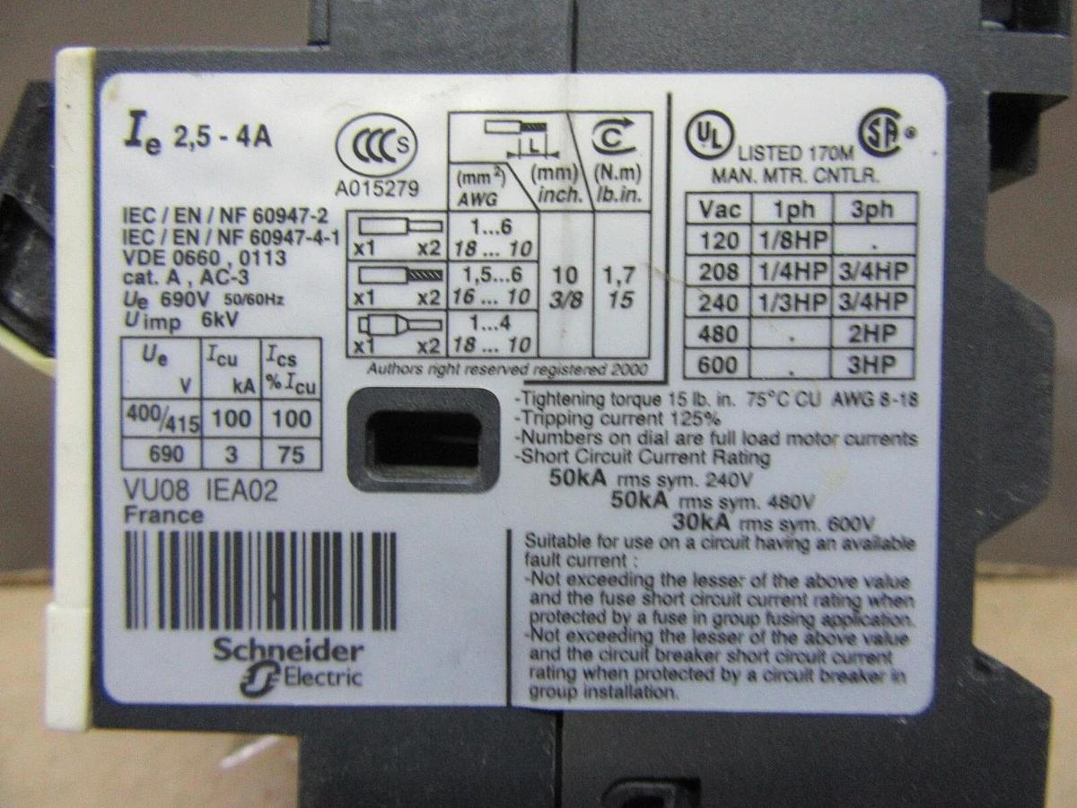 Used LOT OF 2 SQUARE D MANUAL MOTOR STARTER GV2ME08 2.5-4 AMP 600 VAC 3 HP