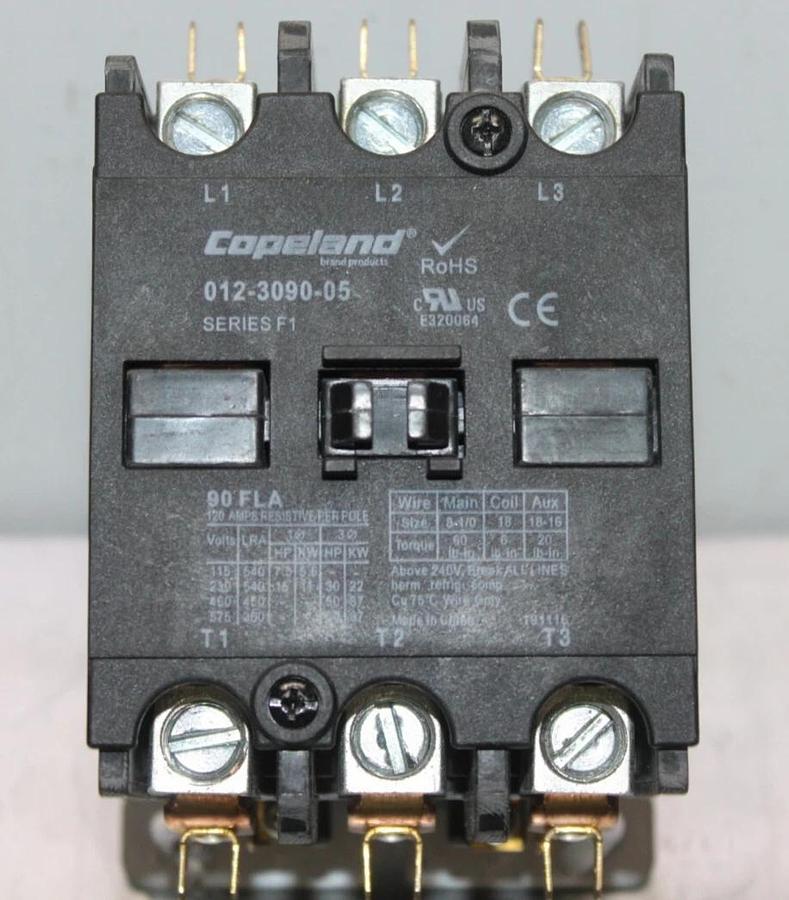 Used COPELAND CONTACTOR 012-3090-05 90 AMP 600 VOLT 3-PHASE 3-POLE COIL: 110/120 VAC
