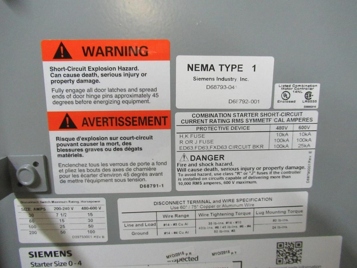 NEW SURPLUS SIEMENS COMBINATION STARTER 17EUE92BJ13 SIZE: 1 3/4 40 AMP 15 HP