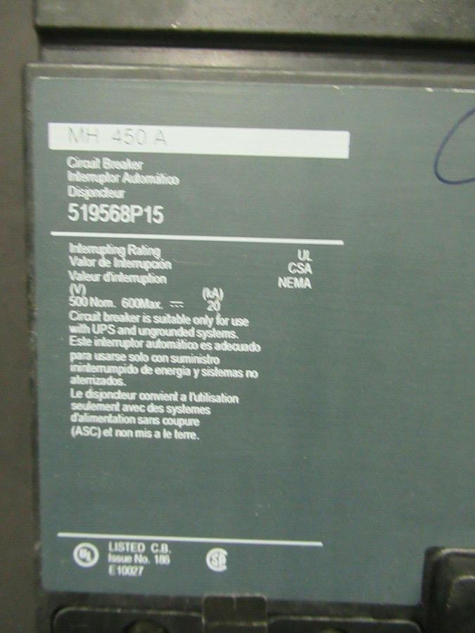Used 450 AMP SQUARE D BREAKER 519568P15 600 VDC 3 POLE W/ AUXILIARY SWITCH & UVR